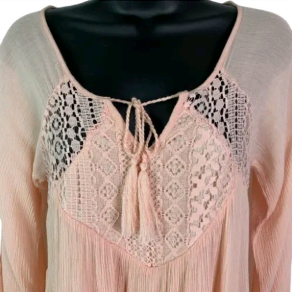 𝅺PURPLE Snow Boho Tunic Top Pale Pink Gauze Crochet Long Sleeves Size: L - Picture 3 of 9